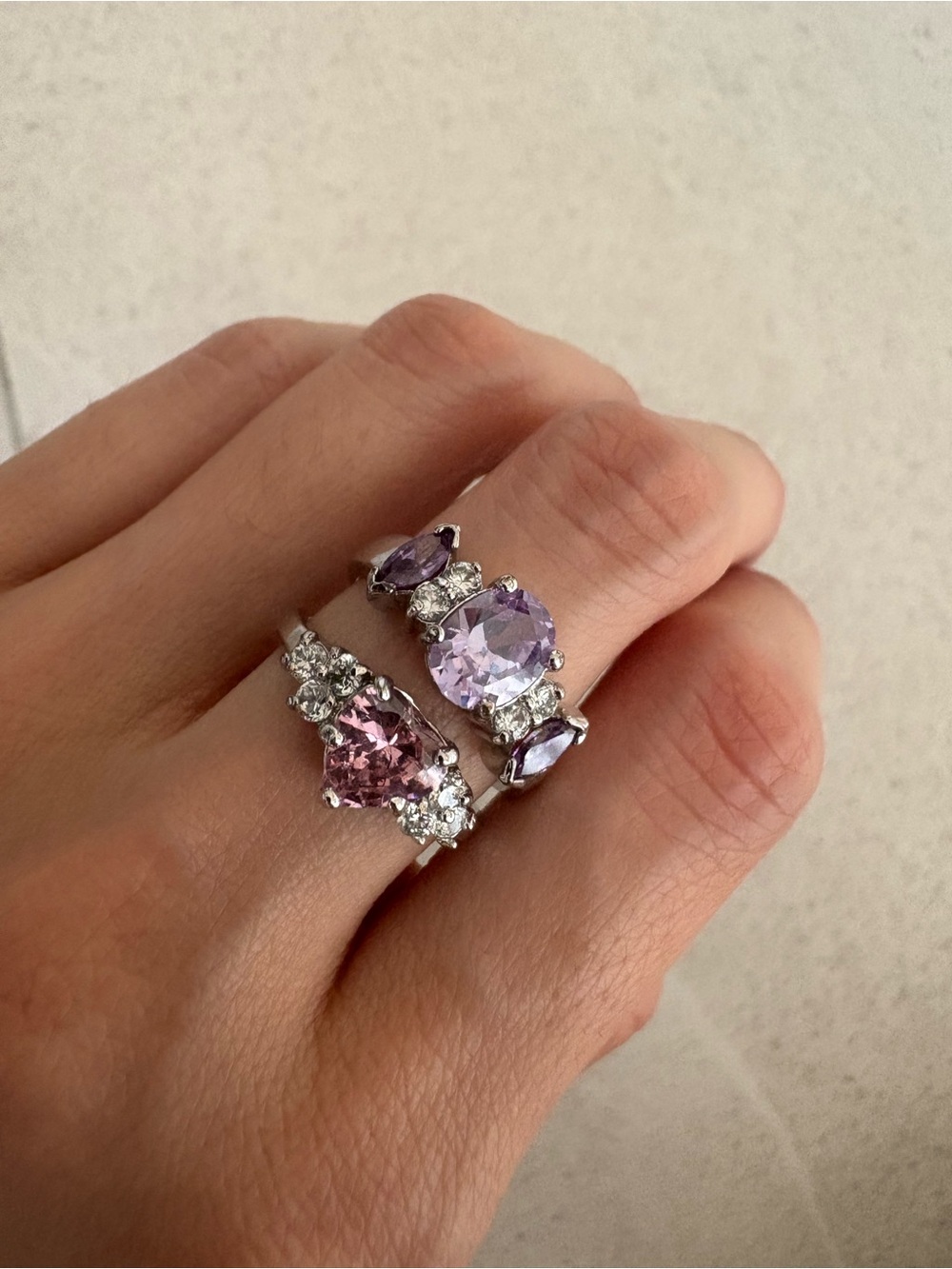 Pink & Lavender Gemstone Silver Ring Set